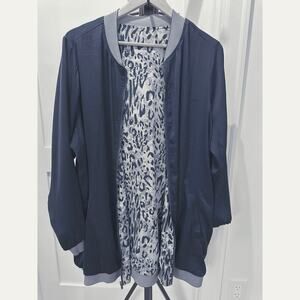 Plus 2X Navy Leopard Reversible Long Zip Up Lightweight Jacket